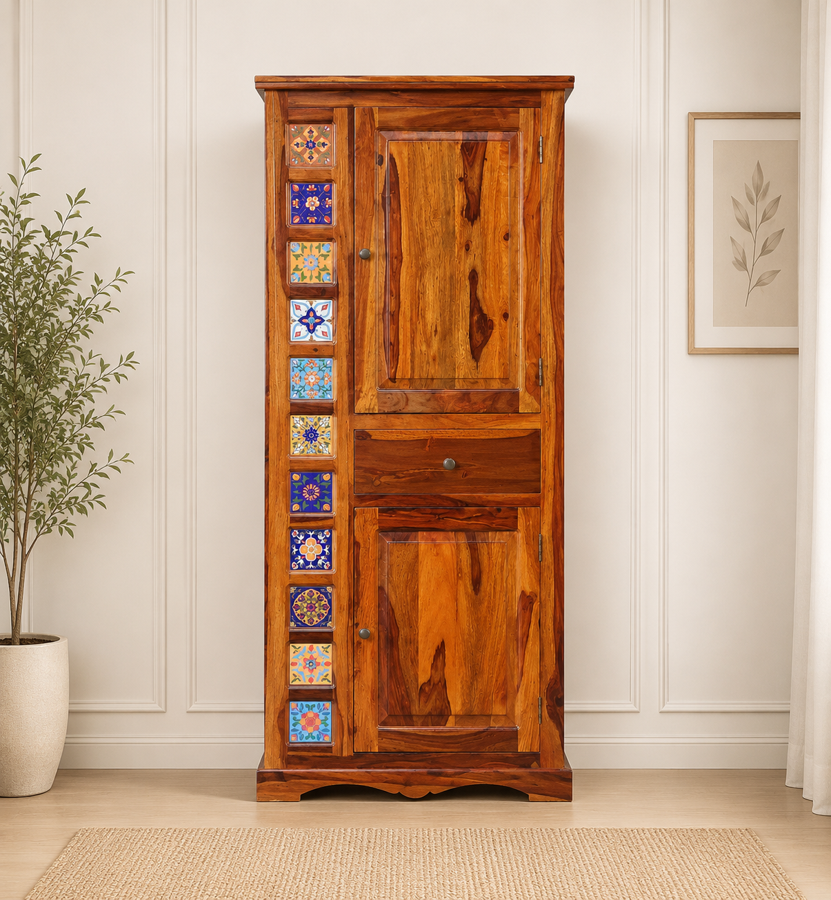Terona-Sheesham-Wood-2-Door-Wardrobe-with-Handcrafted-Tile-Design-classic-wood-1.webp Terona Sheesham Wood 2 Door Wardrobe with Handcrafted Tile Design - Image 1